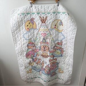 Vintage Bucilla cross stitch Indian tee pee bears baby quilt